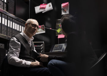 A man seated in a chair engages in conversation with another man nearby