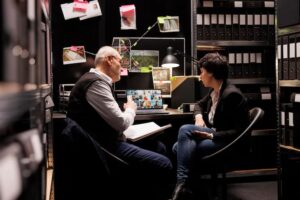Two people seated at a desk in an office, surrounded by files and paperwork