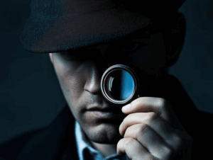A man wearing a hat and coat examines an object closely through a magnifying glass